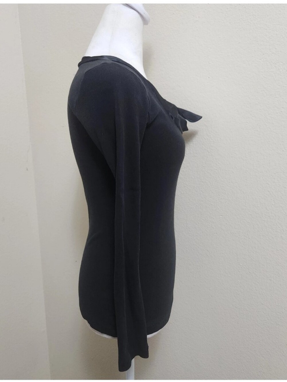 Whimsigoth Ribbed Thermal Top L Black Satin Bow Stretch Dark Fairy Goth Comfort - Picture 8 of 16